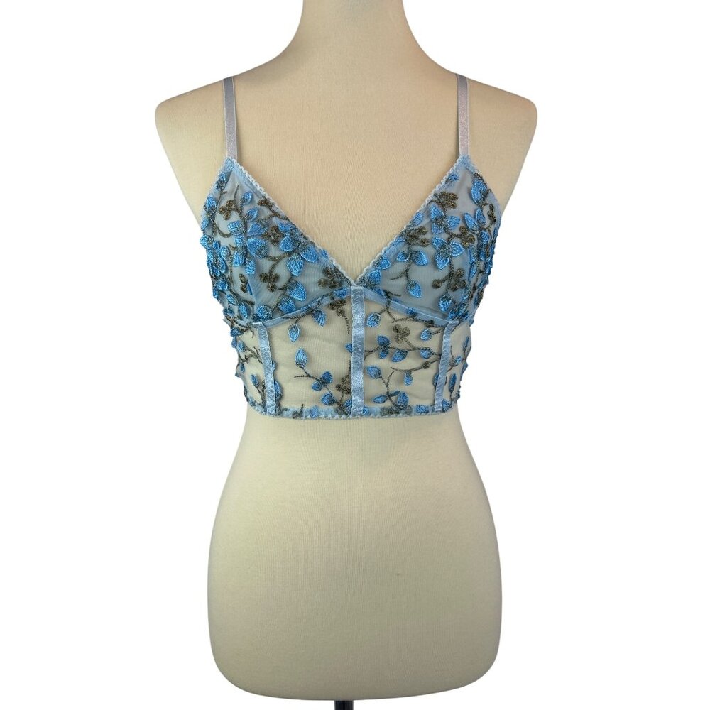 Blue Floral Embroidered Mesh Crop Bralette Adjustable Straps Size S - Picture 1 of 9